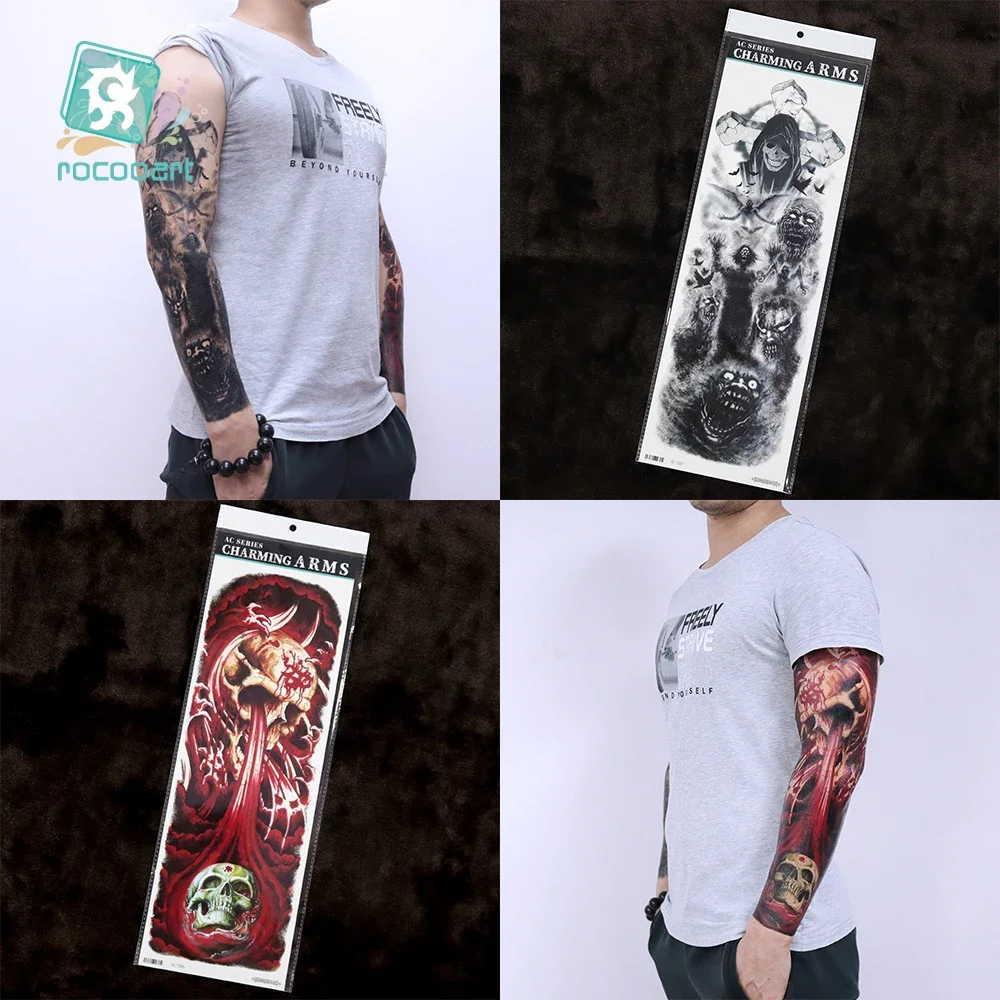 Tatuaje de manga de brazo grande para hombre, calaveras de demonio, fantasma, Lobo, sangre, pegatina temporal impermeable, tótem de calavera completa, tatuaje falso