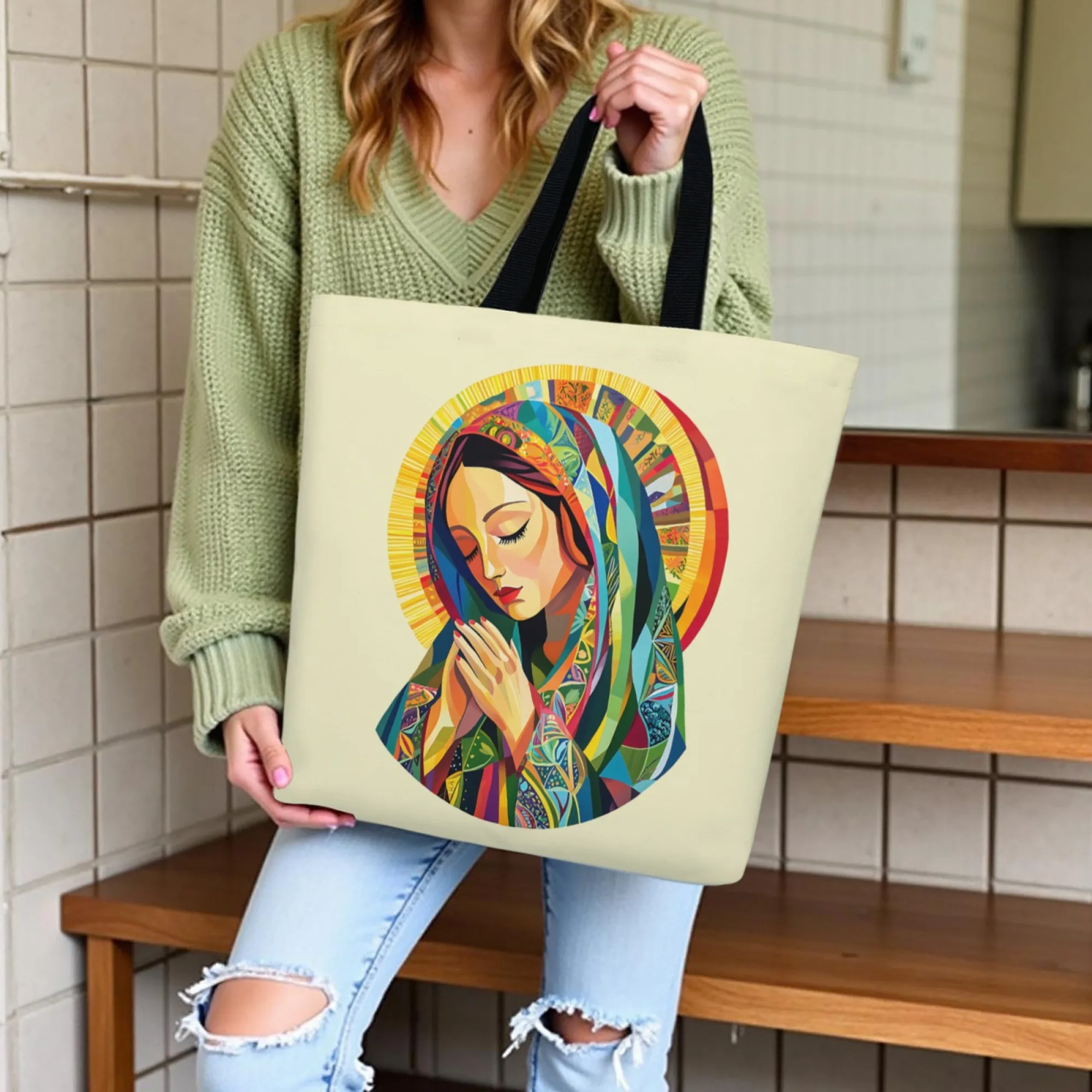 

Bohemia Religious Tote Bag Colorful Virgin Mary Pattern Print Canvas Reusable Shoulder Bag Gift for Believers & Trend Fans