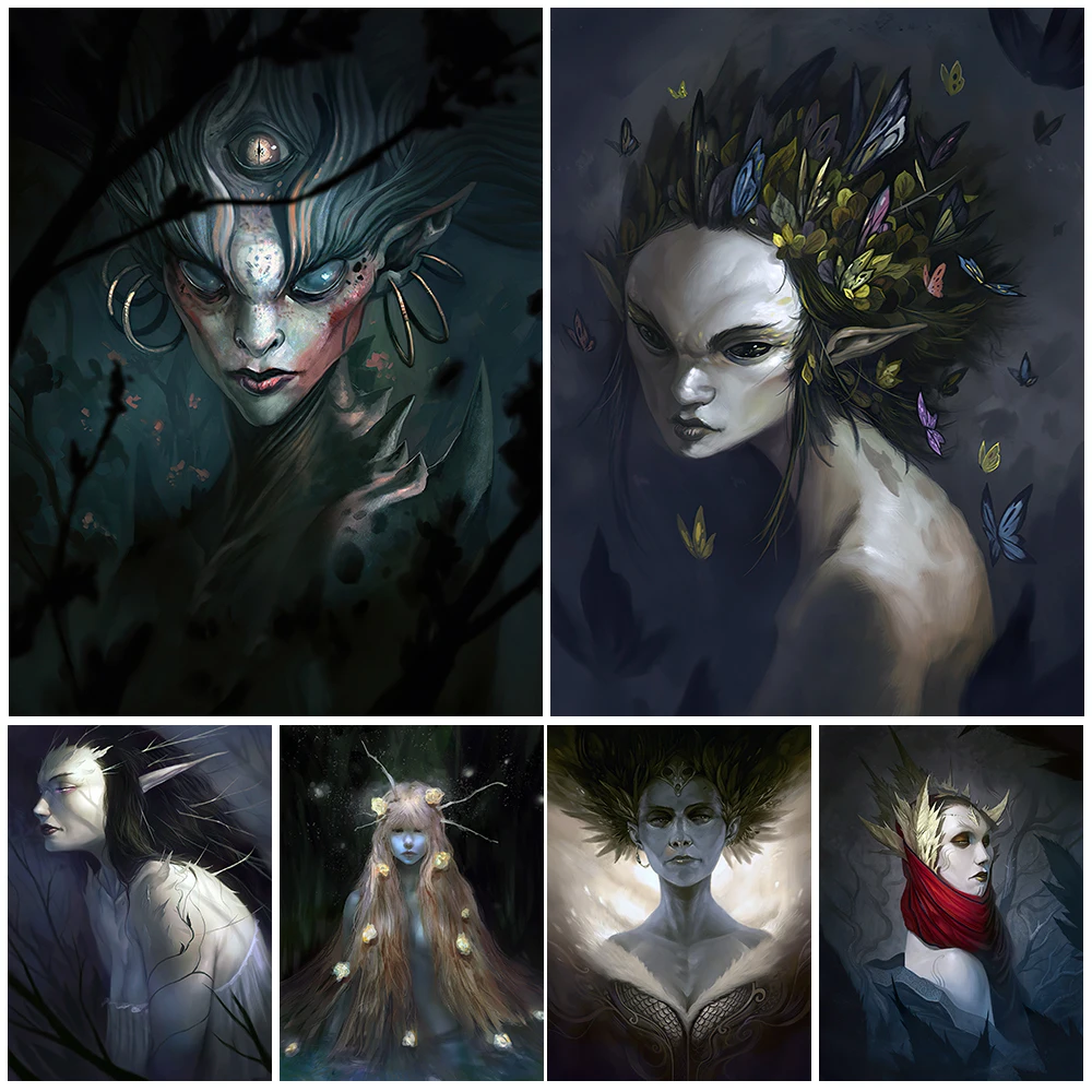 

Dark Faeries And Lady Butterfly Vintage Poster Print Mysterious Witchcraft Night Elf Wall Art Canvas Painting Home Decoration