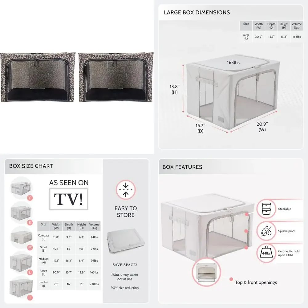 Large Under-Bed Storage Boxes with Steel Frame - Leopard Print Organizers (Set of 2)