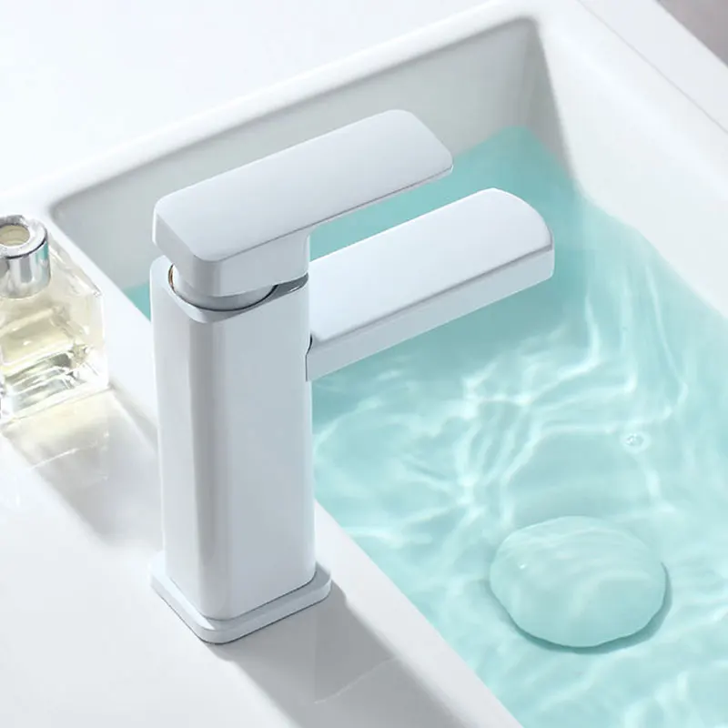 RETHME White Bathroom Sink Faucet Square Basin Faucet Hot & Cold Water Mixed Water Faucet Vanity Tap Deck Mounted Washbasin Tap