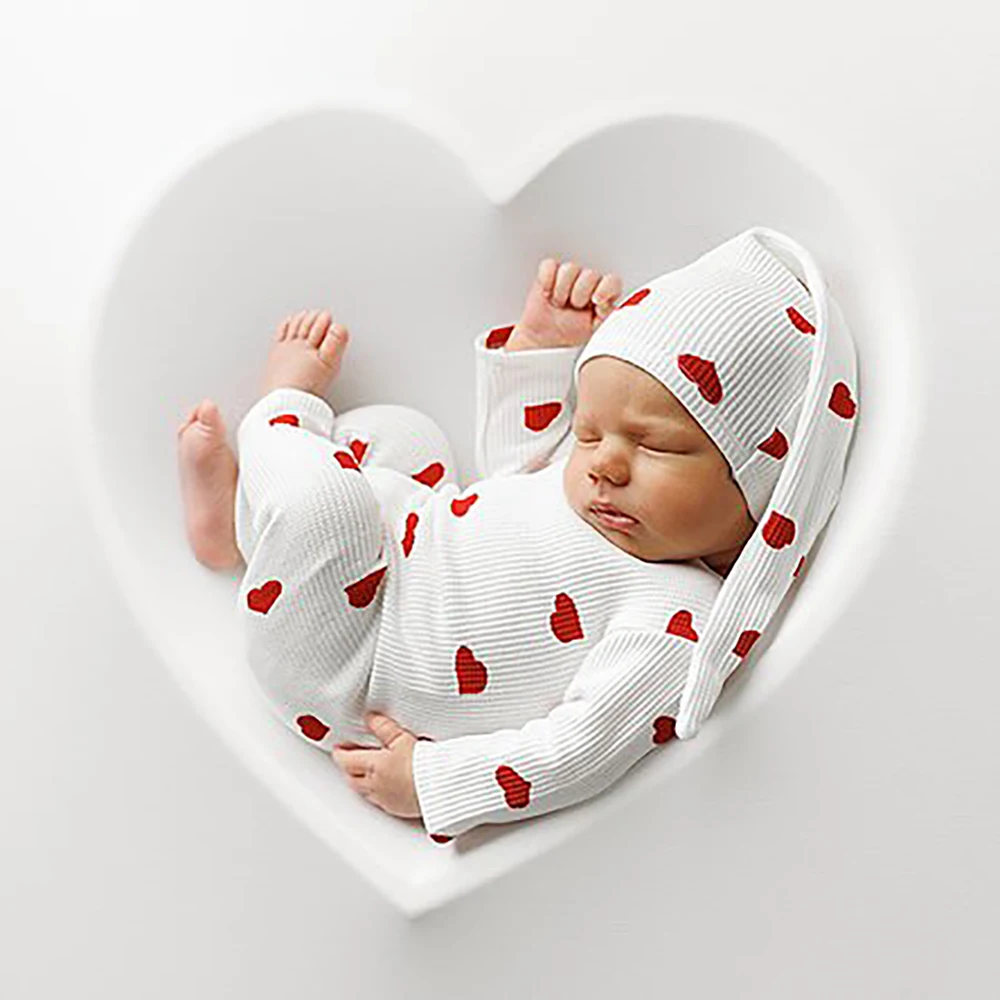 القلب موضوع الوليد التصوير الدعائم طفل رضيع متماسكة رومبير وقبعة مجموعة الرضع صورة تبادل لاطلاق النار الزي لينة استحمام الطفل هدية الملابس