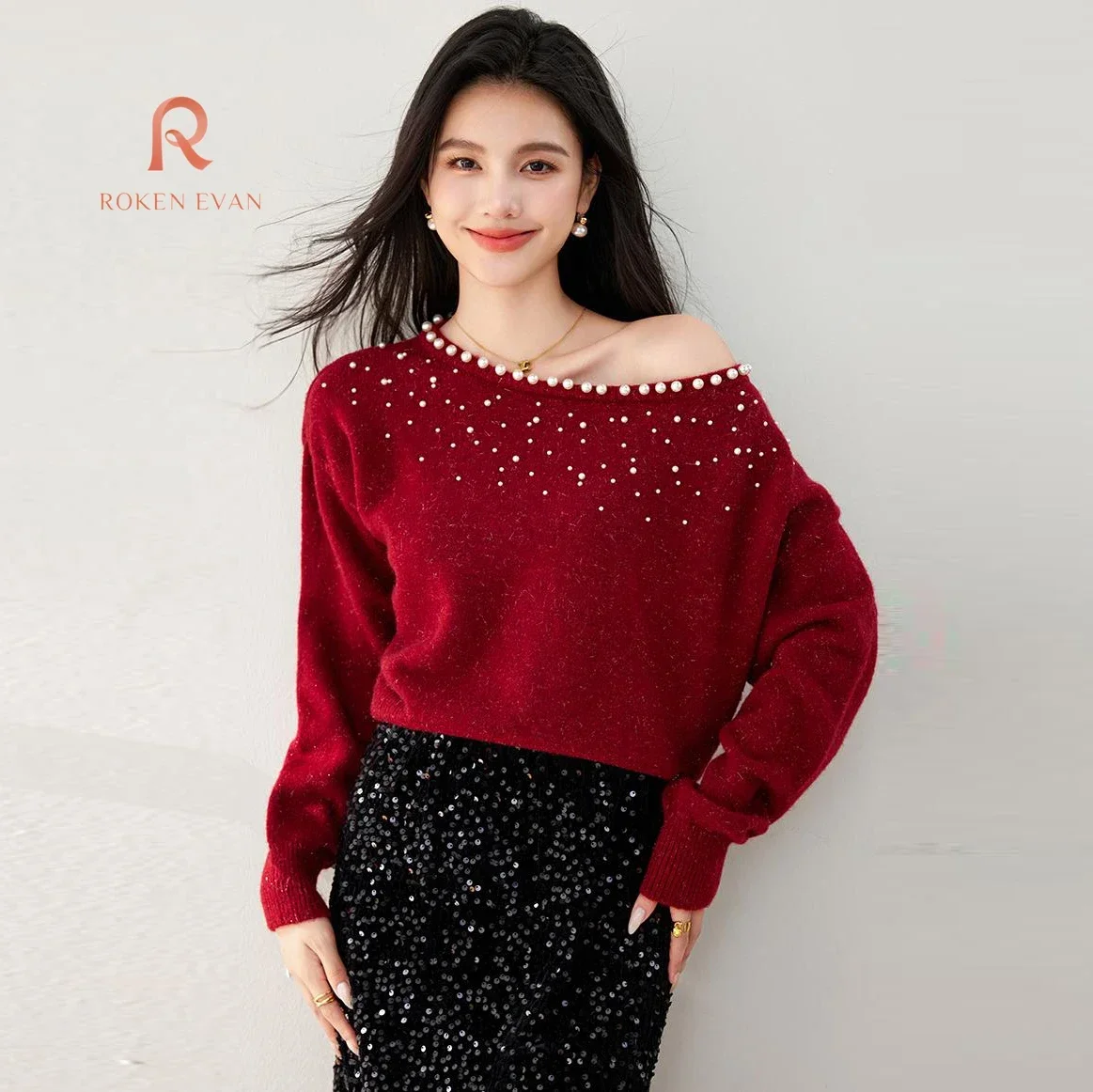 

ROKEN EVAN 2024 Autumn Women Solid Round Neck Korean Fashion Pearl Design Long Sleeve Top Feminino Muslim Eid Ramadam Cardigans