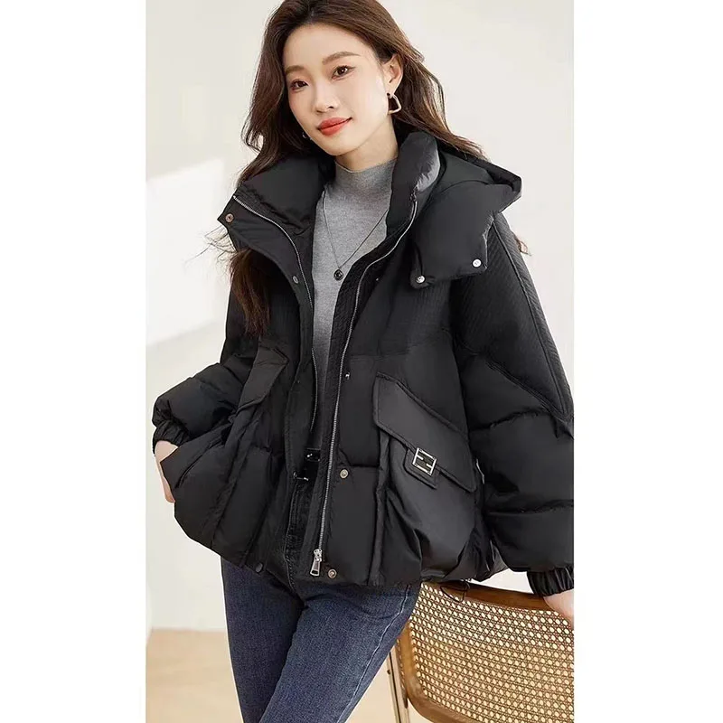 Nouvelle veste polaire ample en coton pour femme, veste d'hiver chaude, Parka à capuche, vêtements d'extérieur, vestes matelassées froides, noir
