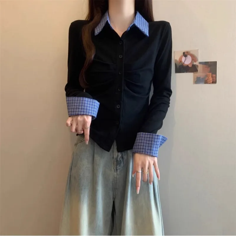 Slim Fit Long Sve irt femmes grande taille taille cintré couche de Base haut printemps nouveau Sle Plaid Patchwork décontracté Faion