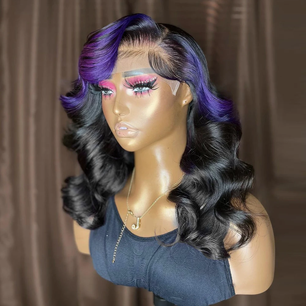 

Human Hair Wigs Purple With Black 13x4 Lace Front Wigs Human hair Pre Plucked Body Wave 13x6 Lace Frontal Wavy Wig For Women
