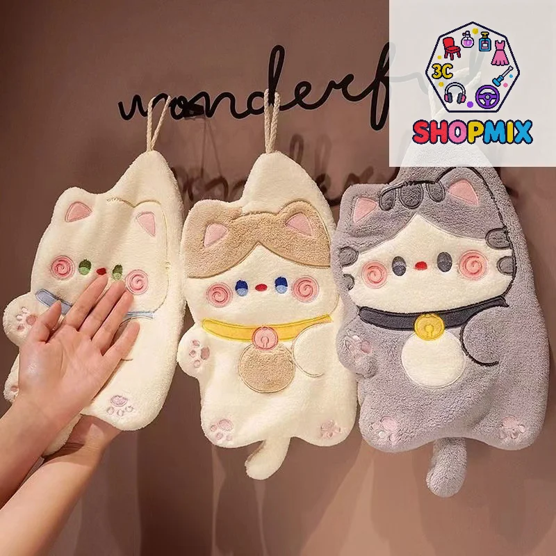 Toalla de mano de gato bonita, toallitas de limpieza de cocina de secado rápido, terciopelo Coral, toalla colgante absorbente de dibujos animados, accesorios de baño
