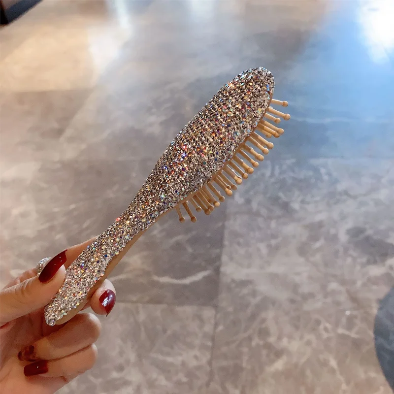 Luxury creative diamond makeup comb massage comb crystal diamond wooden portable ladies hairdressing compact