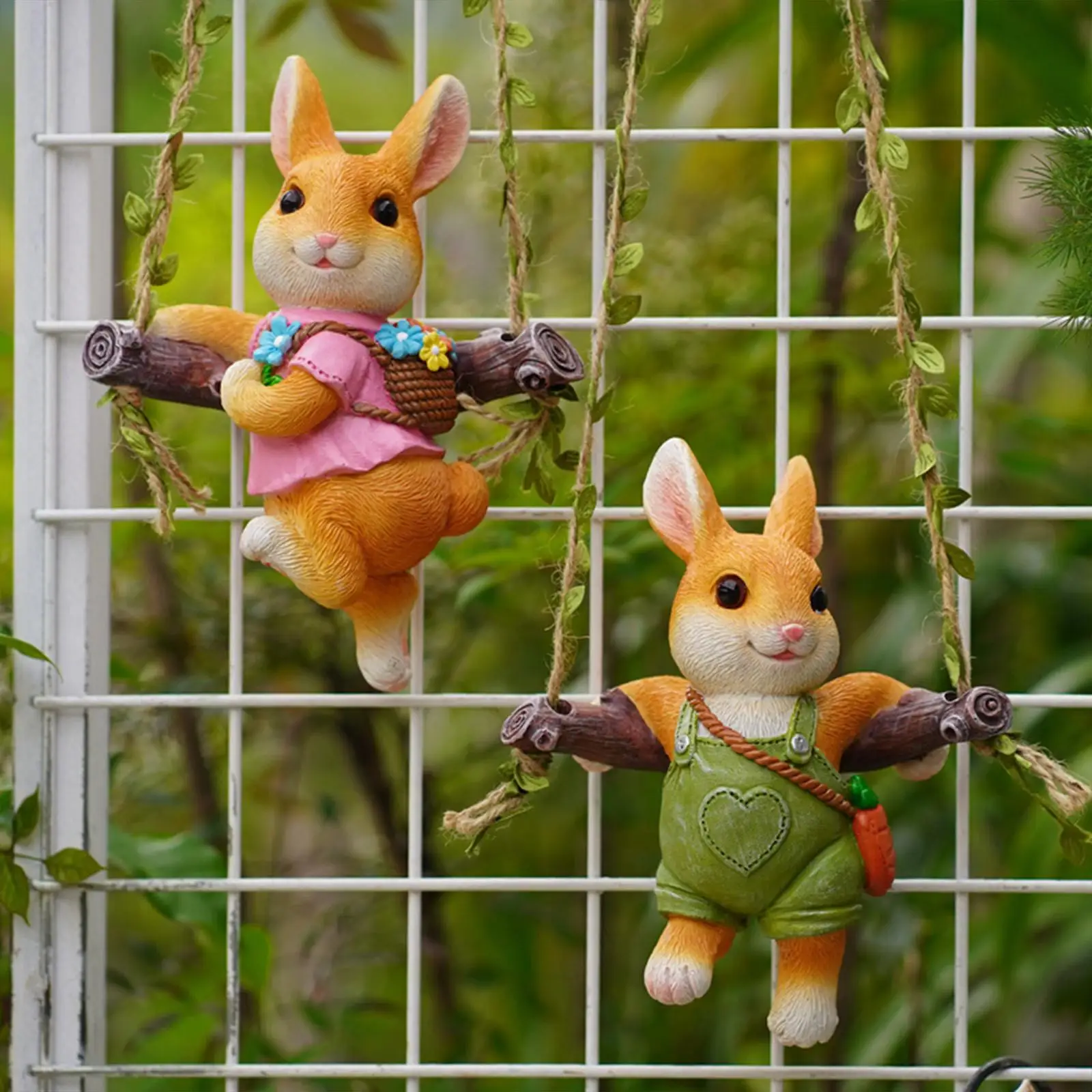 

Swing Rabbit Statue Landscaping Resin Adorable Outdoor Hanging on Tree Branch Housewarming Gift Fence Bunny Sculpture Ornaments