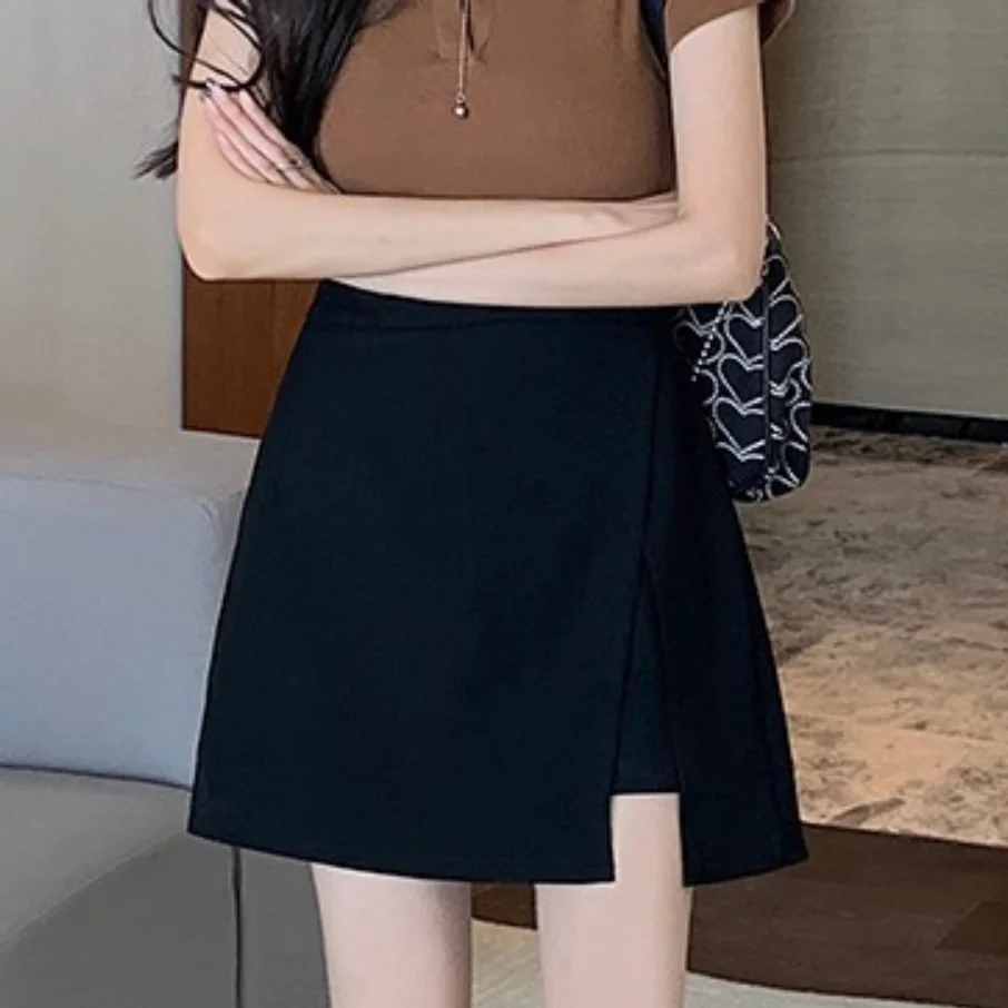 

Split High Waist A Line Mini Skirt Zipper with Safety Pants Hip Wrapped Short Skirt Basic Korean Style Women's Summer Skirts