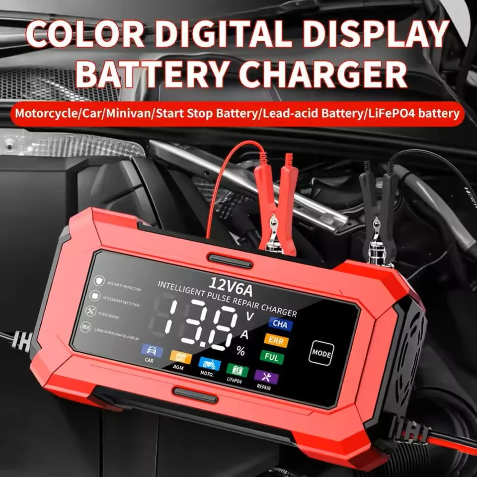 Charger Car and Motorcycle Battery Charging Unit Lead-Acid Battery Repair LCD Display 6A 12V Intelligent Car Battery