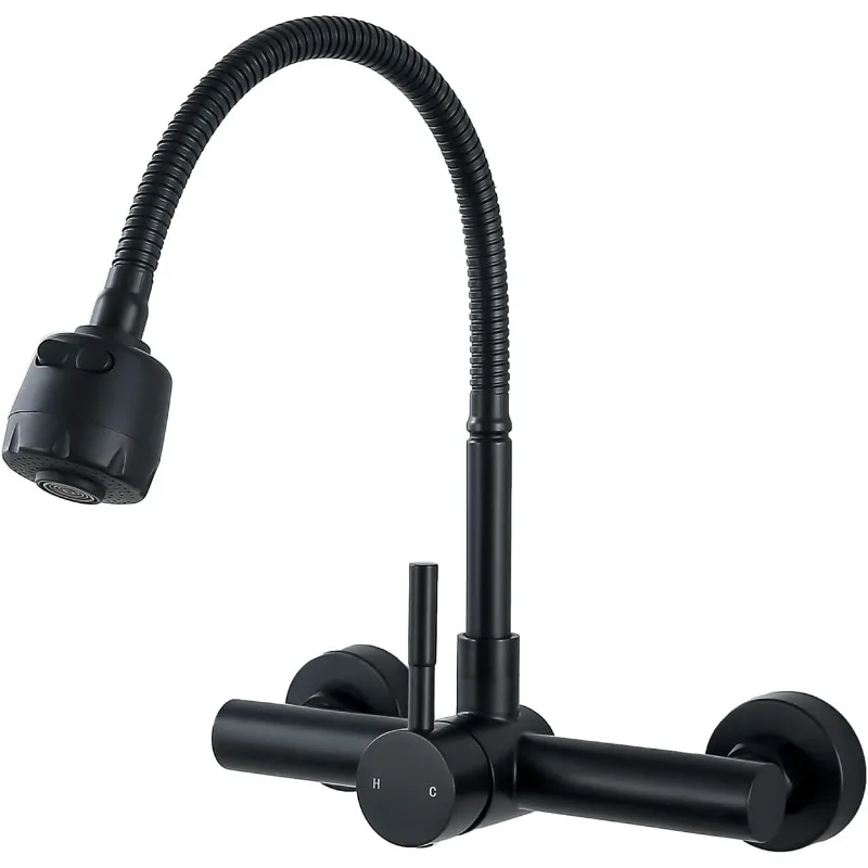 Sink Faucet Wall Mount with Sprayer, Stainless Steel Mixer Tap, Matte Black Finish, NSF and Lead-Free Certified