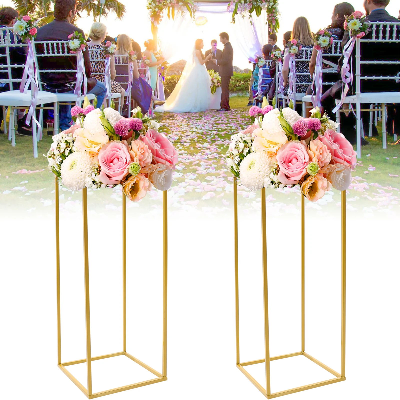 Golden Metal Geometric Column Wedding Flower Stand 2Pcs Flower Arrangement Party Centerpiece Decoration