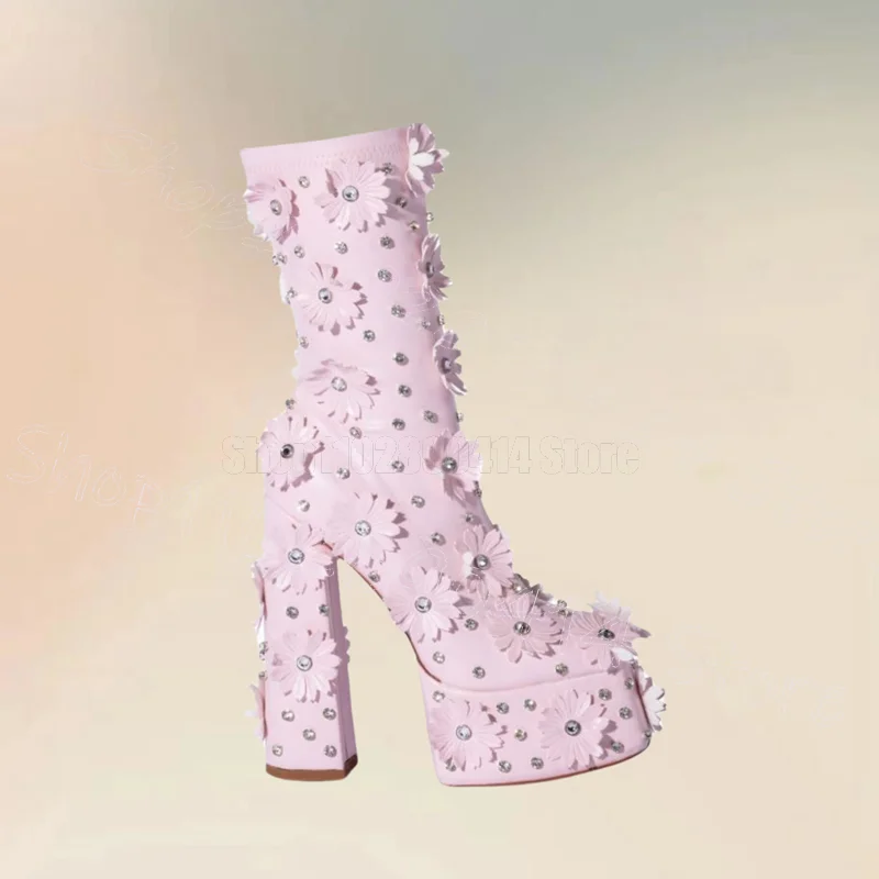 Rosa apliques de cristal design plataforma botas zíper lateral sapatos femininos grossos salto alto festa banquete 2025 zapatos para mujere