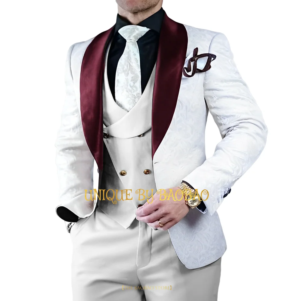 

Men's printed 3-piece set (jacket+vest+pants) burgundy shawl lapel jacquard blazer wedding groom date ball party custom tuxedo