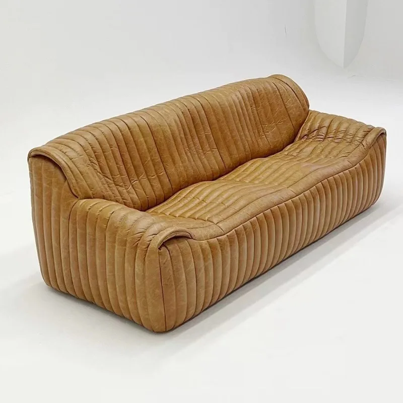 

Medieval style living room straight row sofa modern homestay designer American retro oil wax leather wavy simple sofa