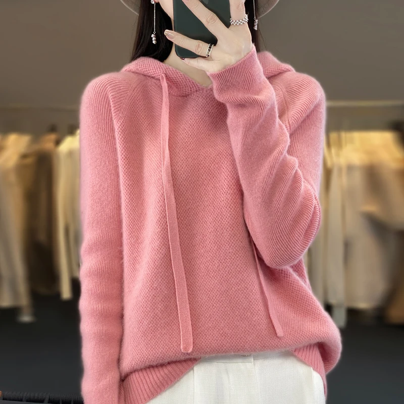 2024 new 100% Merino wool hoodie Autumn/winter cashmere sweater Women\'s O-neck hoodie warm bottom knit shirt top