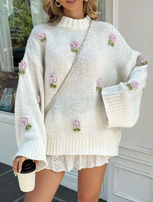 

Women's Sweater 2025 Spring Autumn New Solid Color Floral Decor Round Neck Long Sleeve Loose Fit Casual Daily Pullover Sweater