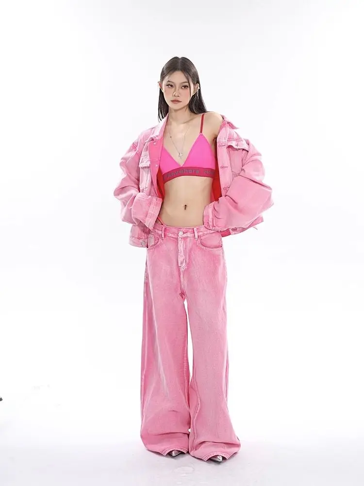 Unisex Personalized Trendy Pink Two Piece Wide Leg Pants Silhouette Denim Jacket With High Streetwear Wide Leg Jeans Pants