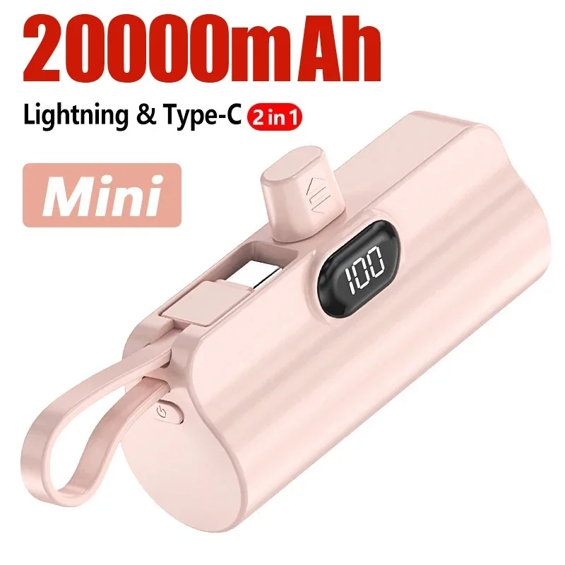 20000mAh Mini Power Bank Built-in USB C Cable Portable External Spare Battery Powerbank Charger For iPhone 14 Samsung Xiaomi