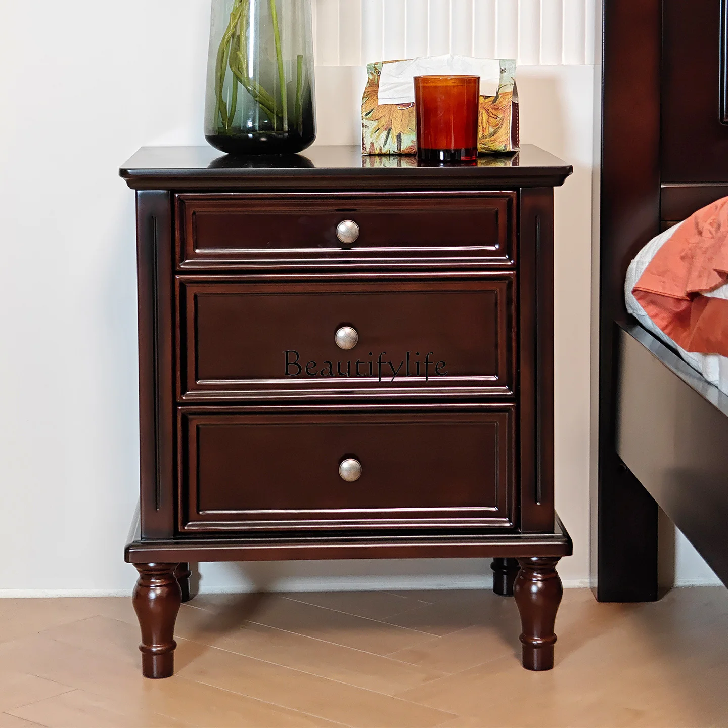 

*American retro solid wood double pumping bedside table modern simple storage locker