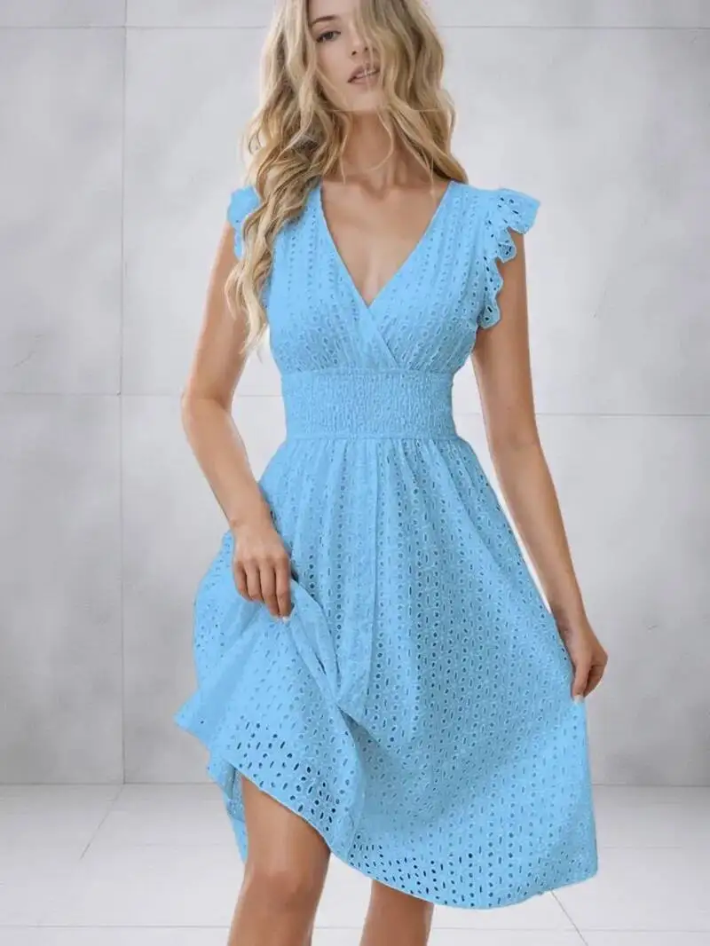 Summer Women V-Neck Beach Dress Flare Sleeve Solid Color Hollow Lace Waist Dress Casual Beach Holiday Dresses Casaul GQ5K