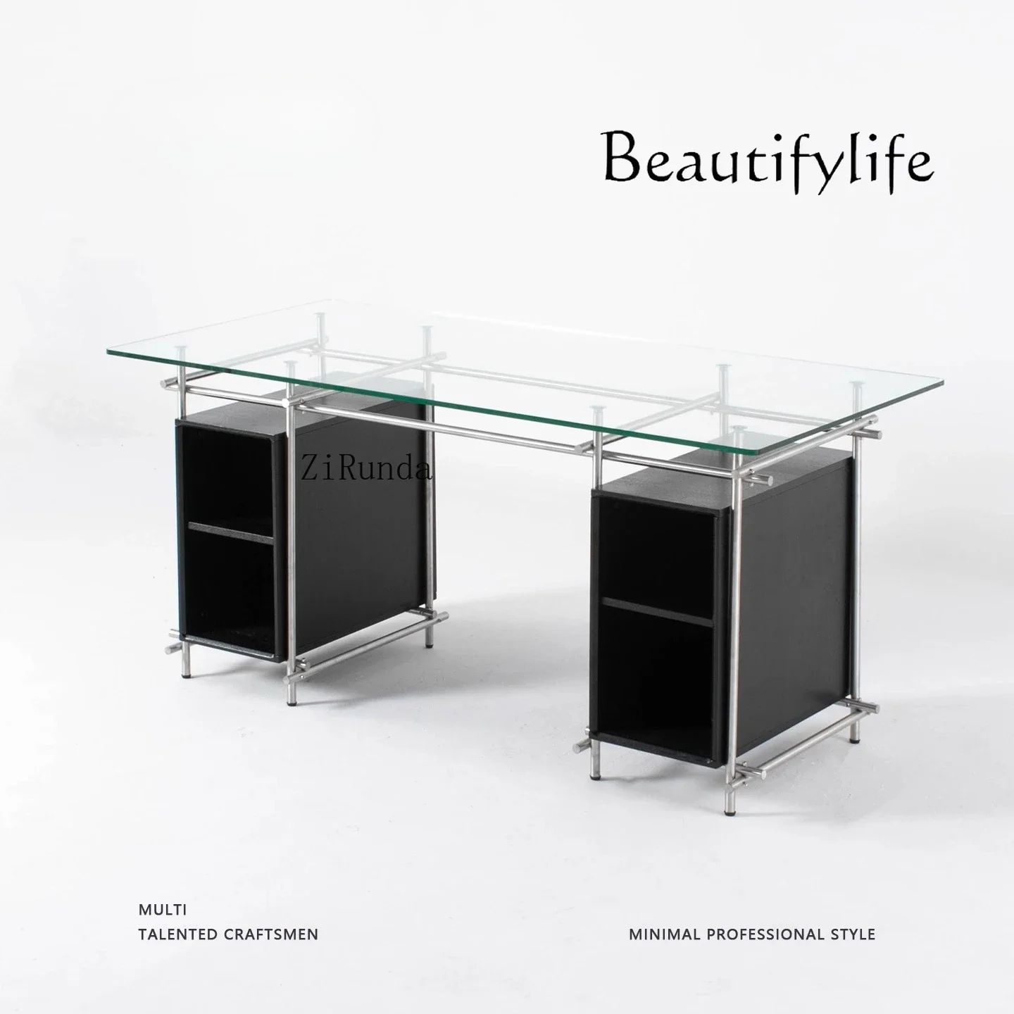 

J Italian Minimalist Tempered Glass Desk Stainless Steel Desk Long Workbench