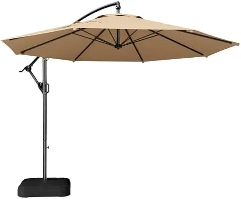 10ft Cantilever Patio Umbrella with Base Included, 30 MPH Wind-Resistant Offset Outdoor Hanging Umbrella with 45 Degree