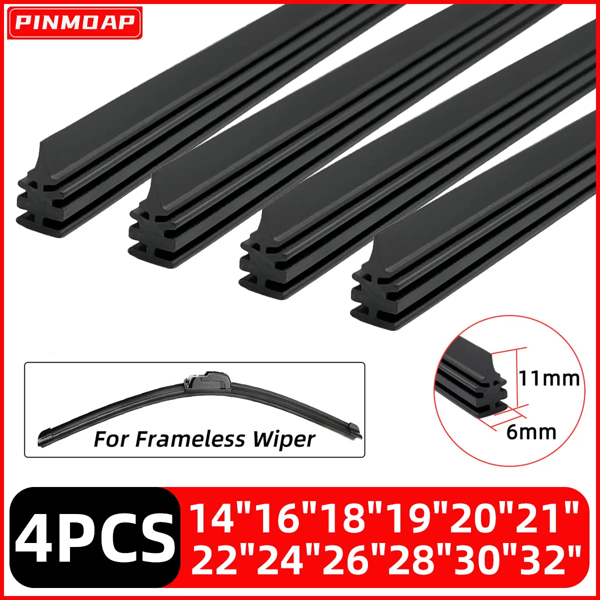 PINMOAP Auto-Scheibenwischer-Füllstreifen, Naturkautschukstreifen, 6 mm, geeignet für rahmenlose Scheibenwischer, 14"16"18"19"20"21"22"24"26"28"30"32"