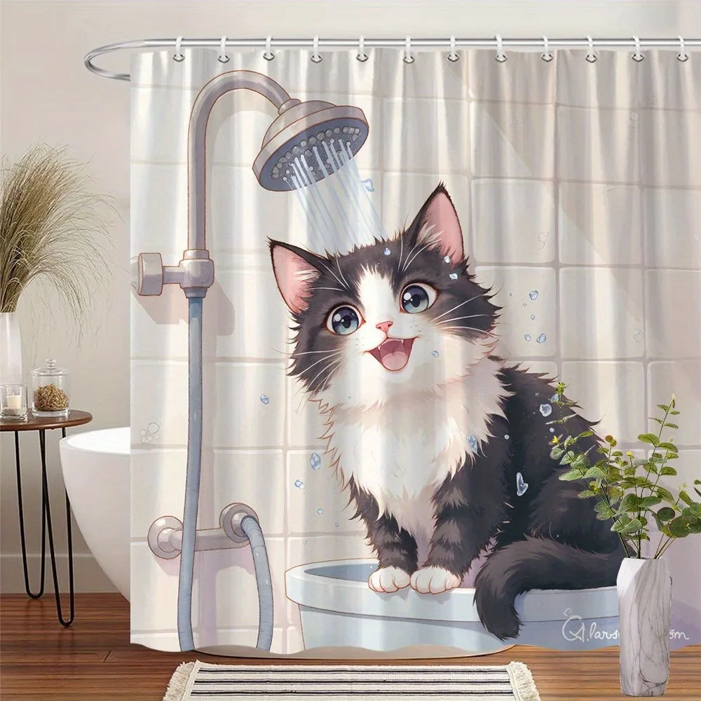 

Простая и забавная занавеска для душа с изображением кота, моющаяся грязеотталкивающая насадка для душа, водонепроницаемая полиэстеровая занавеска для ванны для домашнего декора