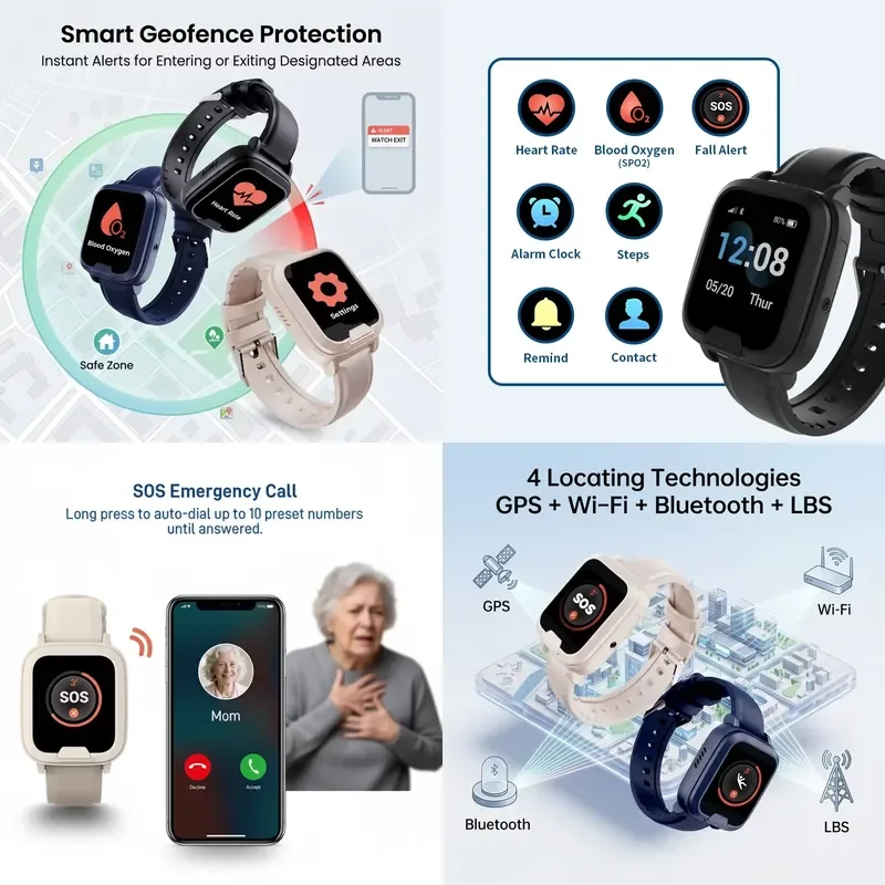 Health Pressure Tracking Smart Bracelet Touch Screen Fall Detection One-Touch SOS Call Positioning GPS Tracker for
