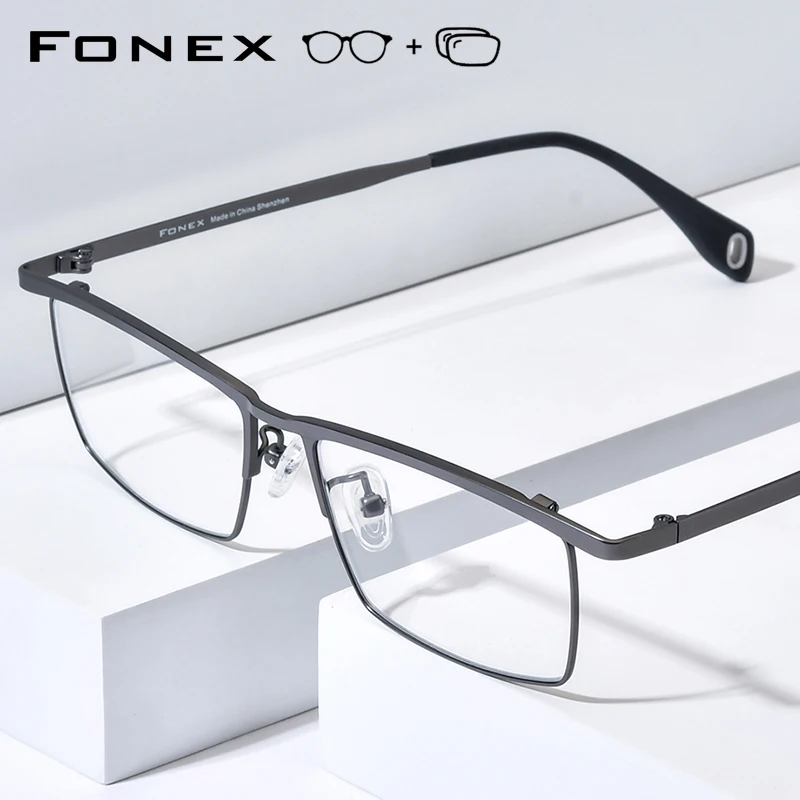 FONEX Progressive Prescription Eyeglasses Photochromic Myopia Optical Lens Eyewear Men Square Glasses Black Titanium Frame 911