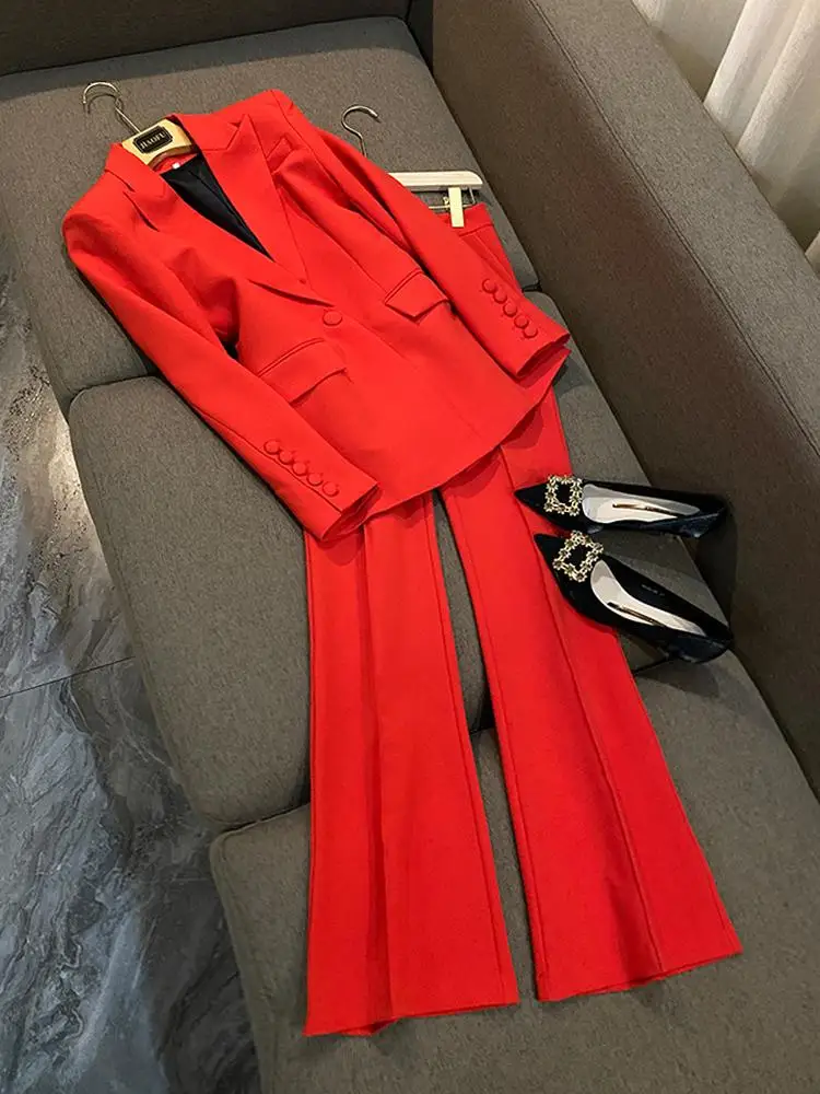 

Красный осенне-зимний тканевый костюм миди на одной пуговице и расклешенные брюки, комплект из двух предметов, профессиональная женская одежда