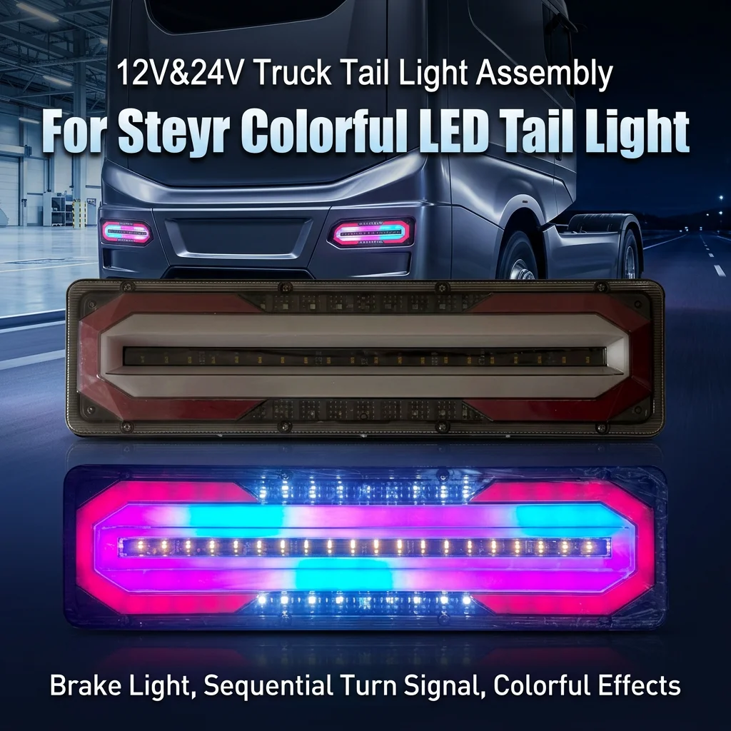 2pcs 12V 24V LED Tail Light for Truck, Colorful Flowing Turn Signal Brake Lamp Universal Rear Light for Steyr 46CM