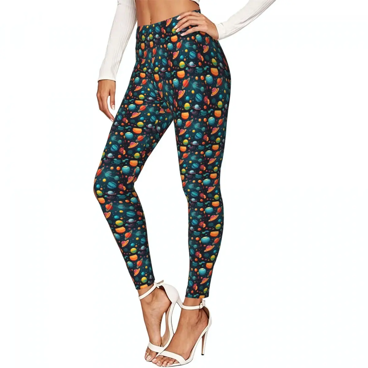 Colorful Planets In Space And Stars Twinkling Women Leggings High Waisted Stretch Tights Workout Running Pants