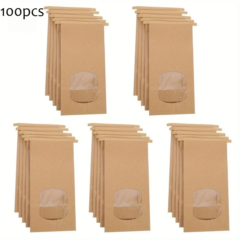 100pcs Brown Paper Bags with Viewing Window Tin-tie Closures for Gift Wrapping Packaging Snacks Baked Goods and Toast Bread Etc.