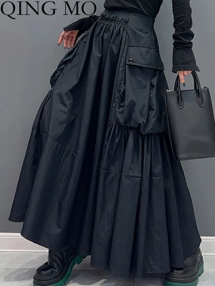 QING MO 2025 Spring Autumn New Large Hem Long Skirt Women Casual Fashion Loose Trendy Large Size Black Skirt ZXF5093