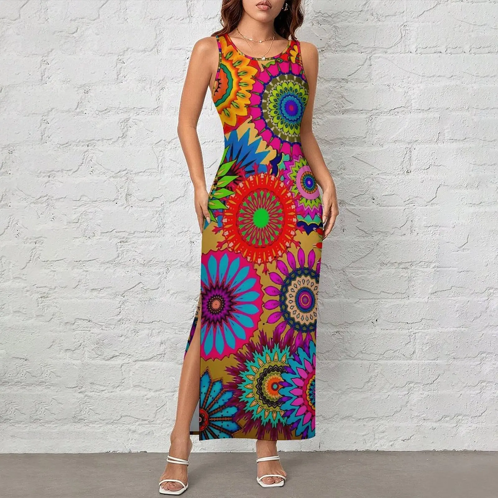 Colorful Bohemian Style Bodycon Dress Summer Abstract Floral Modern Maxi Dresses Women Sleeveless Design Korean Fashion Dress