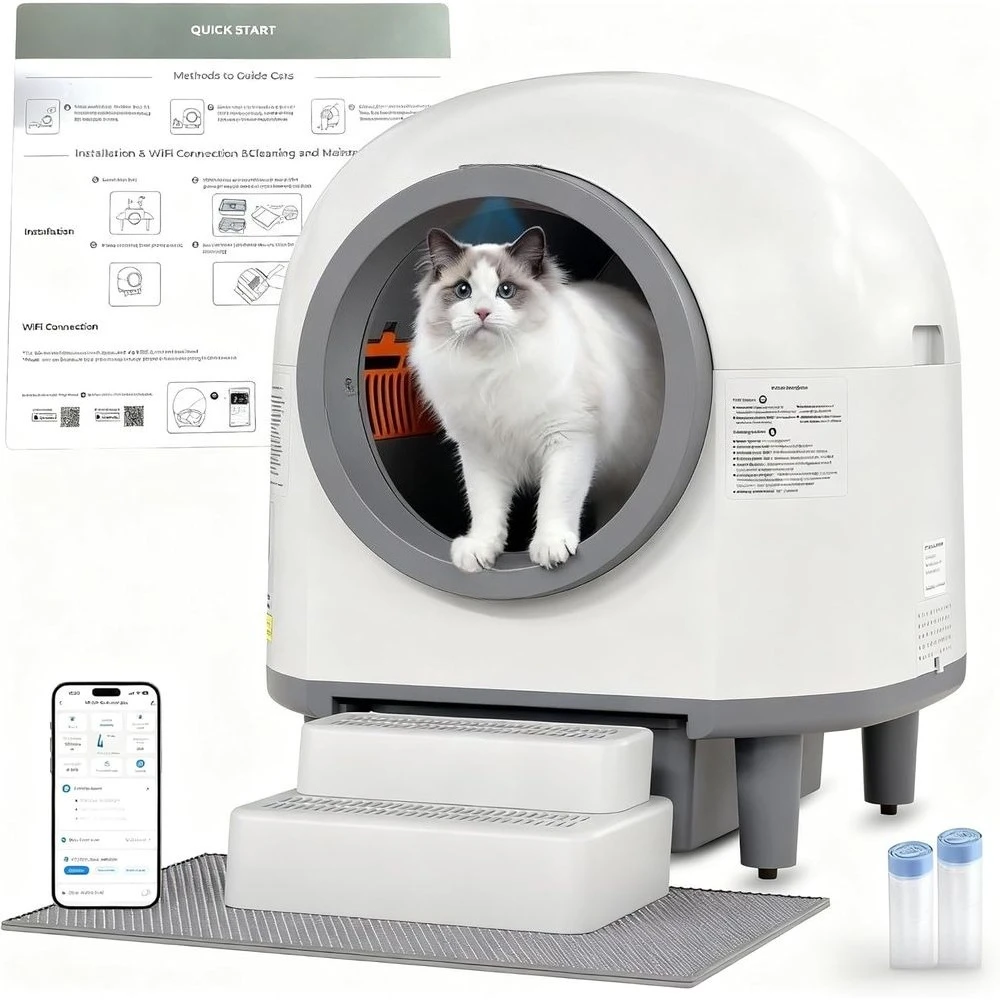 

Автоматический лоток для кошек на 100 л для одного или нескольких кошек, с управлением через приложение, с защитным ковриком, настраиваемый