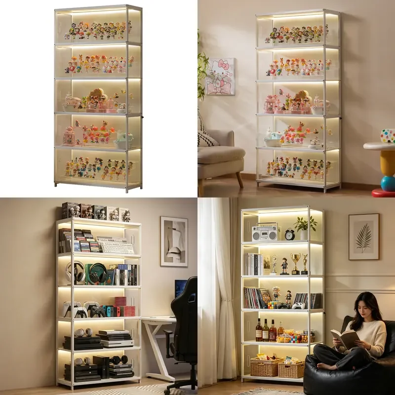 Acrylic Display Cabinet with LED Light Transparent Dustproof Showcase for Toy Models Building Blocks Blind Box Ornaments