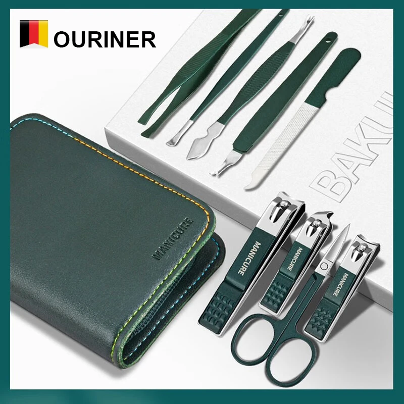 Green 9 Pcs Manicure Set With Leather Case Professional Foot And Face Care Tool Kits Stainless Steel Nail Clipper Sets Gift