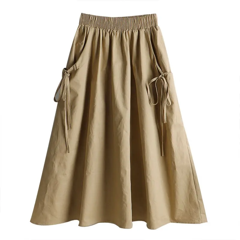 Summer New All-match Pleated Drawstring Skirts Elastic Waist Lacing Loose Pockets A-line Skirt Casual Fashion Women Clothing