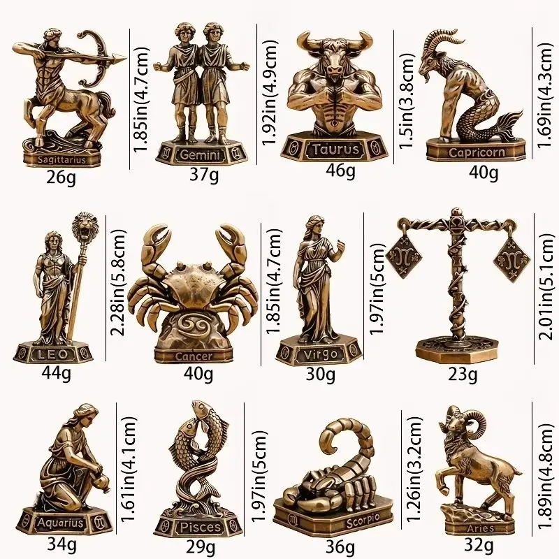 Vintage Brass 3‑D Constellation Mini Figurines Constellation‑themed Human‑shaped Sculpture Desktop Decorative Figure Model