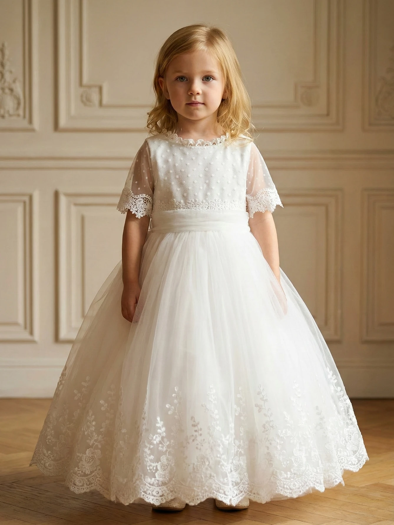 

Платье для девочек с сетчатыми вставками и кружевом в горошек, с рукавом до локтя, без спинки, для девочек-цветочниц, на свадьбу, день рождения, выпускной, для ведущей, нарядное