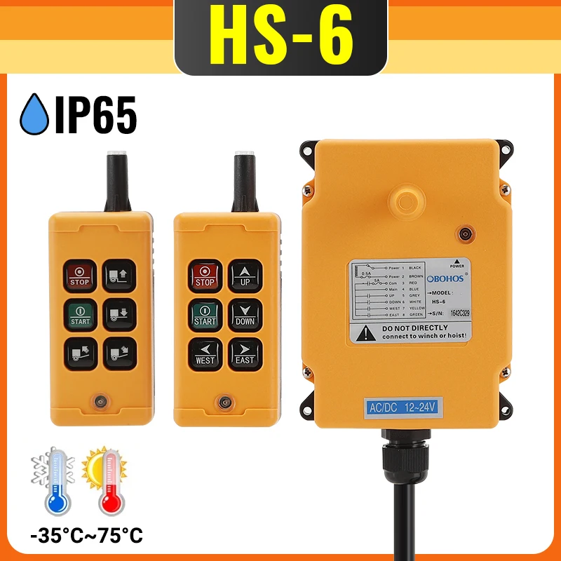 

OBOHOS hs-6 6Channels Hoist Crane Radio Controller Sysem Industrial Remote Control 1transmitter+1receiver 12-24V