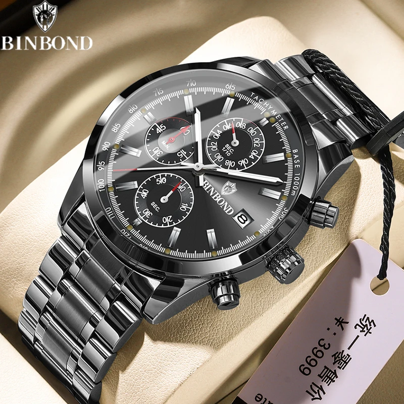 BINBOND B6022 Senior Luxury Men Quartz Watch Automatic Date Wristwatch Waterproof Luminous Sport Chronograph Business Men Watch