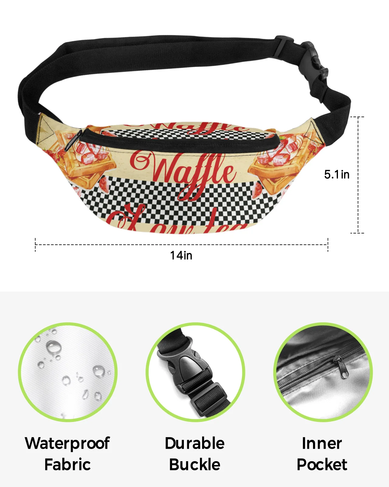 Dessert Waffle Strawberry Waist Bag Women Men Belt Bags Large Capacity Waist Pack Unisex Crossbody Chest Bag