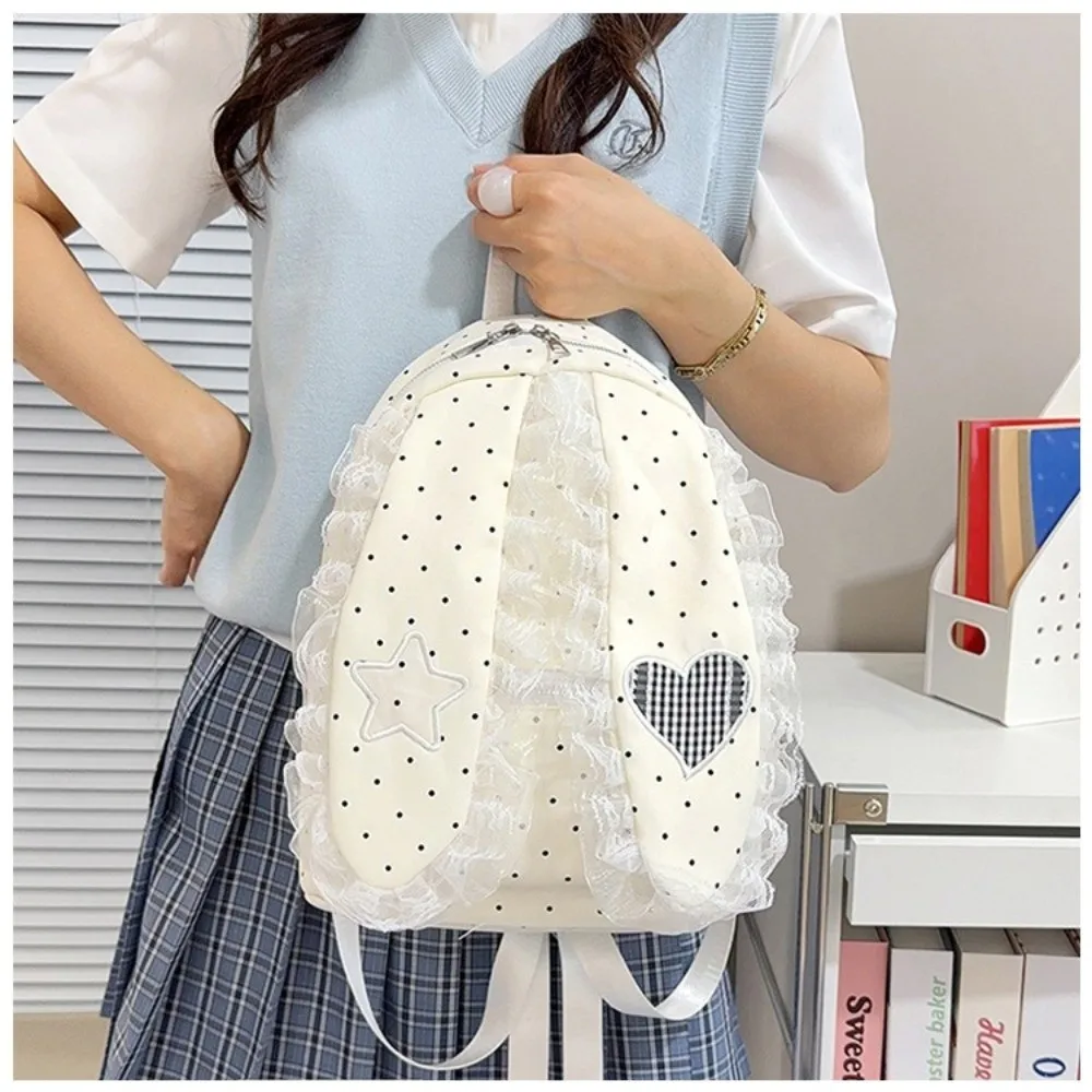 New Polka Dot Bunny Ear Lace Backpack Large Capacity Lightweight Polka Dot Backpack Lace Ruffle Backpack Casual Carry