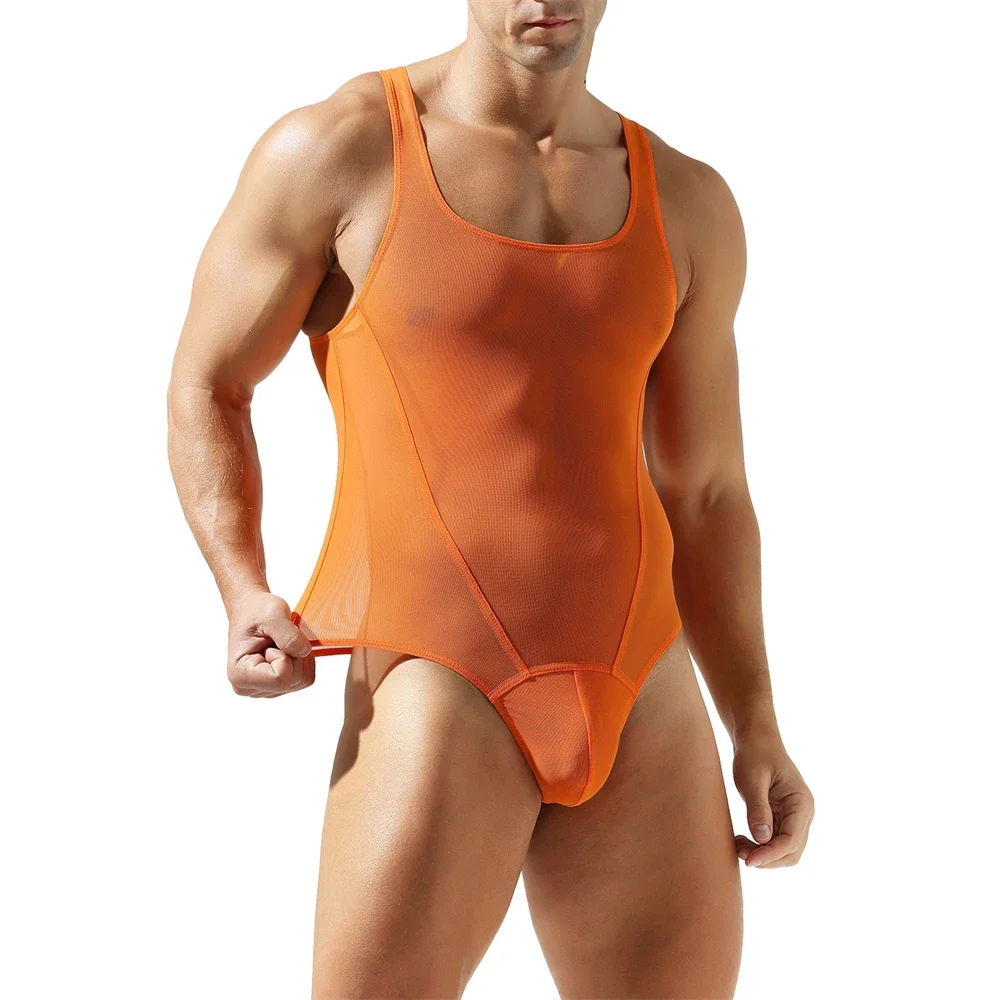 

Mens Sexy Mesh See Through Jumpsuit Tank Tops Rompers Sheer Bodysuit One-piece Undershirts Male Vest Leotard Wrestling Singlet