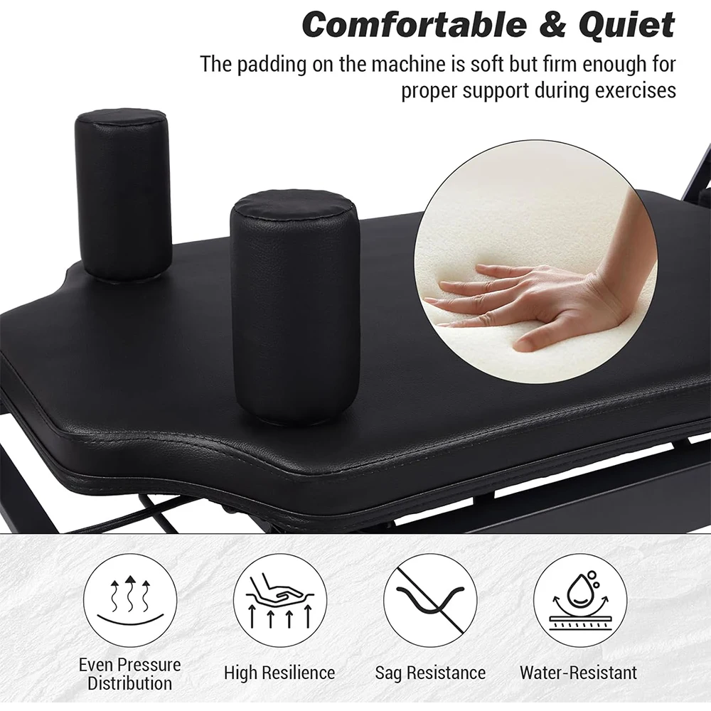 Macchina per pilates riparatore pieghevole con altezze regolabili, attrezzatura per pilates con mazze di filo per pianoforte e tavole di salto